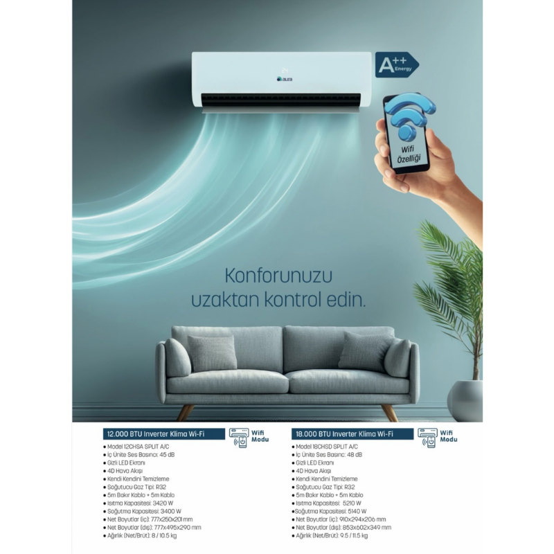 AURA NEW 12.000 BTU A++ R32 Inverter Klima Wi-Fi