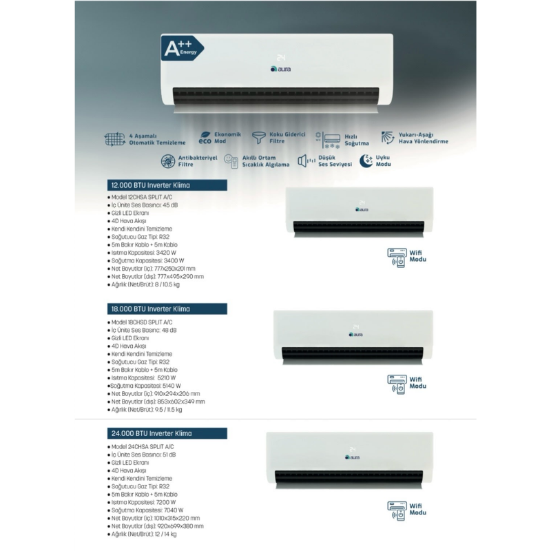 AURA NEW 18.000 BTU A++ R32 Inverter Klima Wi-Fi