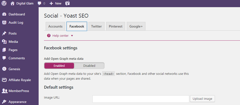 social and Facebook settings of Yoast SEO WordPress plugin 