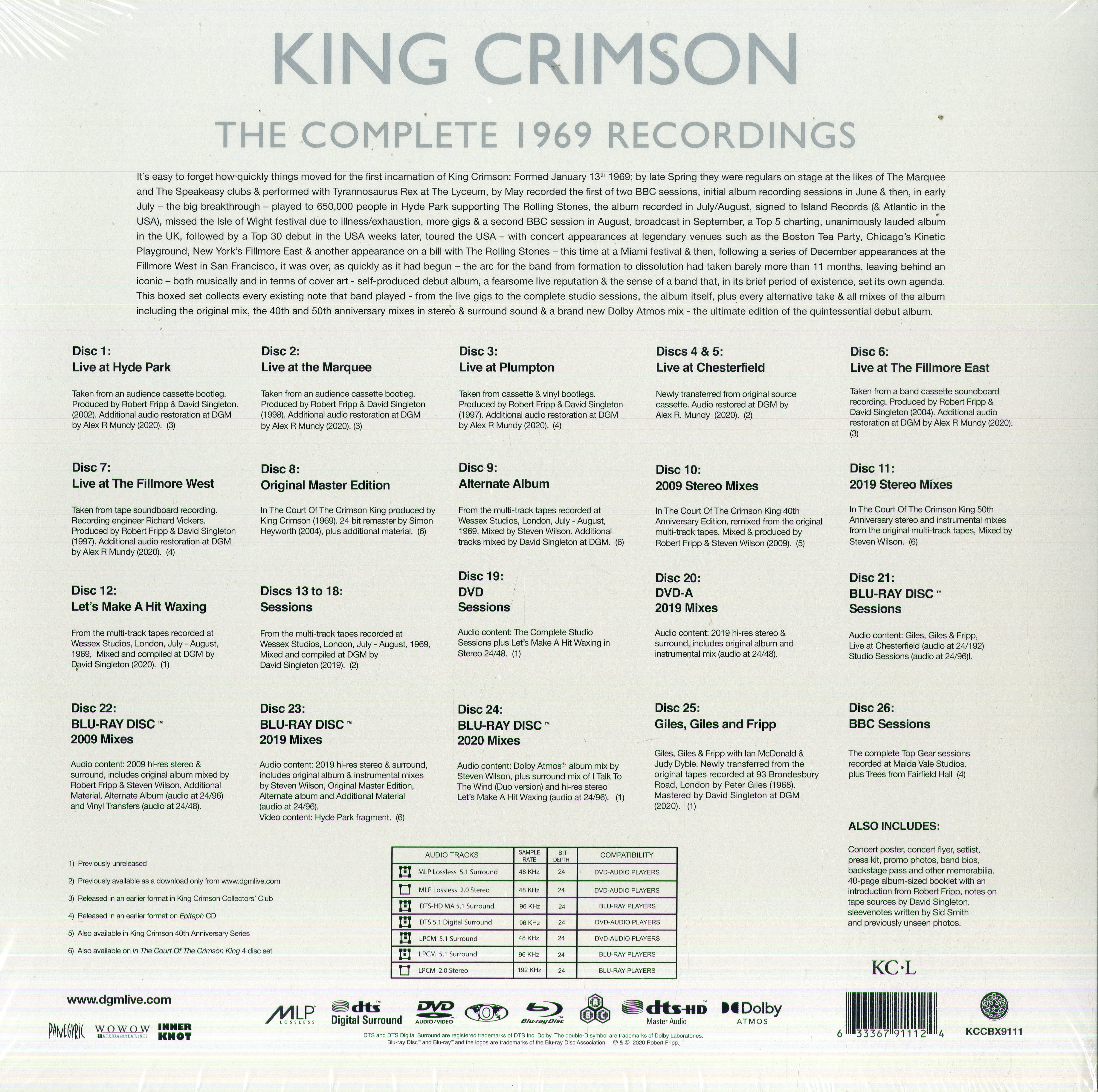 King Crimson The Complete 1969 Recordings (Box 20 Cd + 4 B.Ray + 1