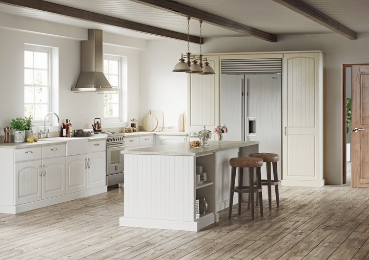 Hand Painted Kitchen Door in Painted Oak White & Painted Oak Mussel