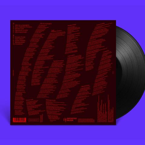 Vinyl record partially pulled out of a red sleeve with dense columns of German text listing song titles and lyrics
