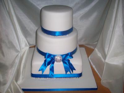 Blue Satin Ribbon Diamante Wedding Cake