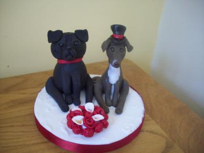 Pug Dog and Whippet Dog Bride and Groom Wedding Cake Topper