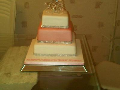 3 Tiered Pink and White Cake with Diamantes