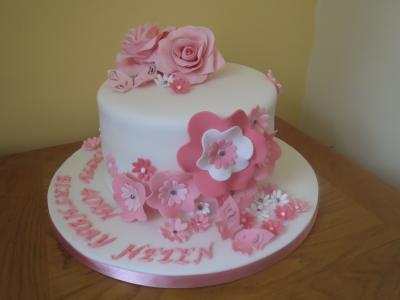 Pink Roses and Flowers Birthday Cake