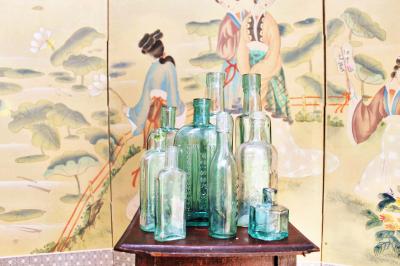Wedding Yurts Props - Blue Vintage Bottles