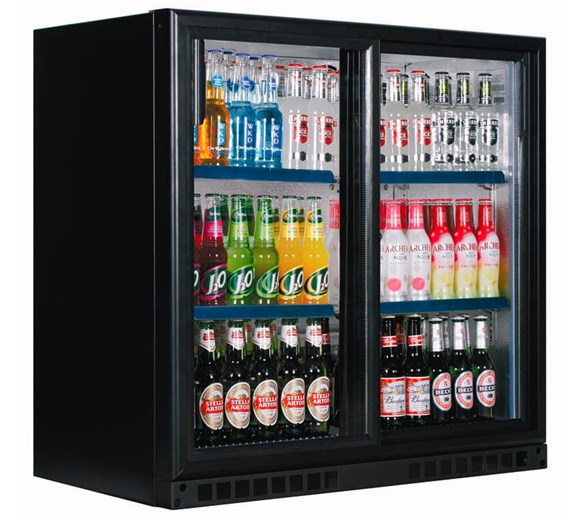 Double Door Bottle Cooler Back Bar Fridge with Sliding Doors in Black