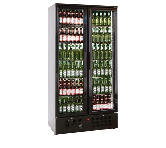 Tall Double Door Bottle Cooler Back Bar Fridge with Hinged Doors in Black