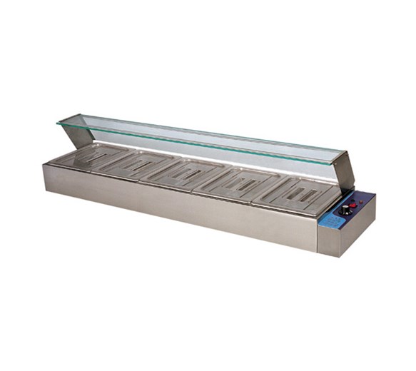 Quattro Bain Marie Heated Display Unit. 5 x 1-2 GN Pans & Lids With Glass Surround