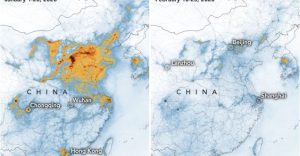 Calo dell'inquinamento in Cina: prima della quarantena a sx, durante la quarantena a dx Calo dell'inquinamento in Cina: prima della quarantena a sx, durante la quarantena a dx