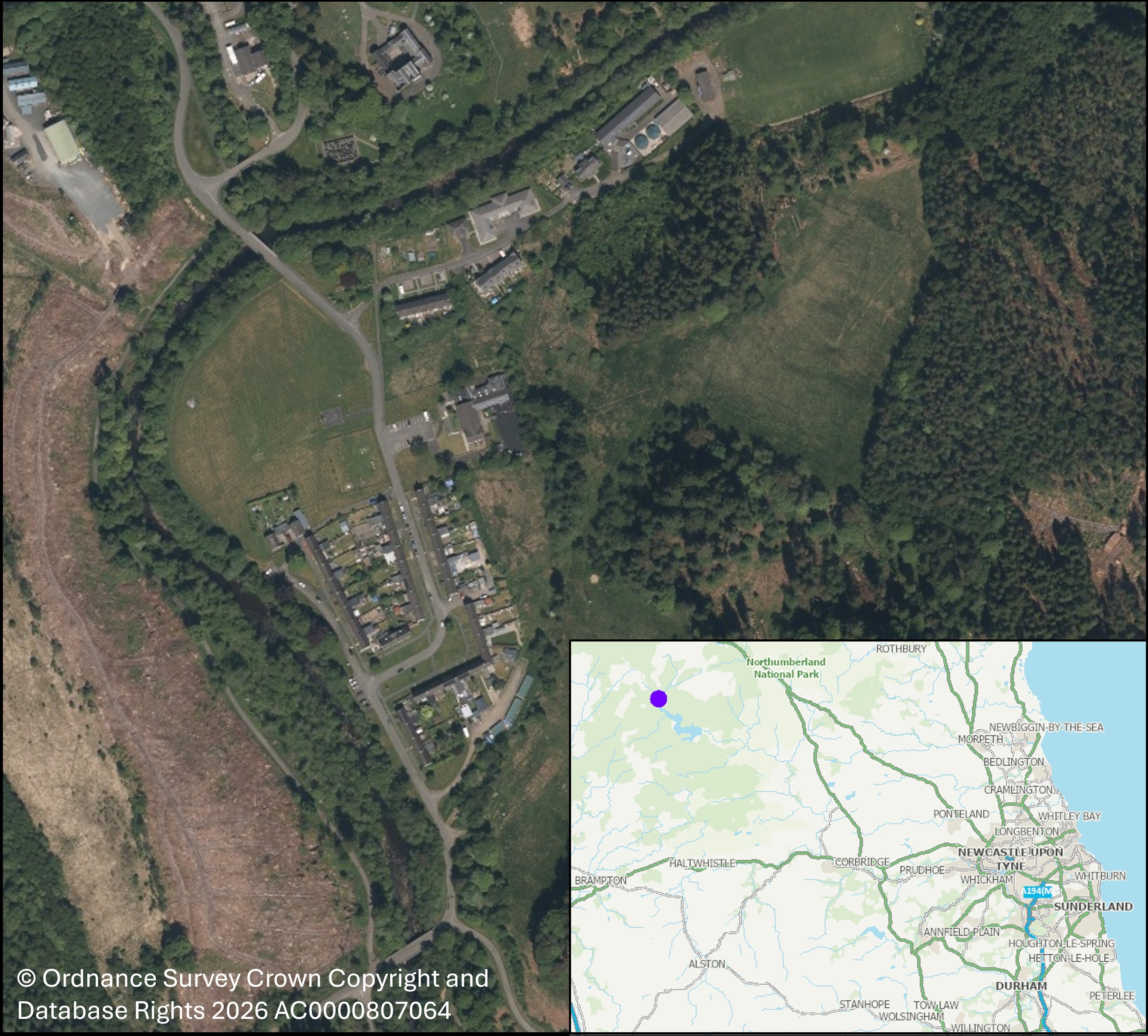 Satellite imagery map of Butteryhaugh, Northumberland. Mesoscale Map in the bottom right of image to provide geographical context for the location of Butteryhaugh in the North East of England. 