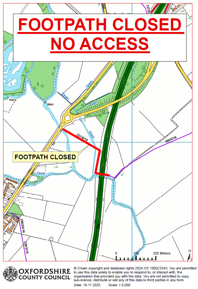 Map showing the location of footpath 9 [237/9] from the Bicester Road, Gosford, to the East side onf the A34