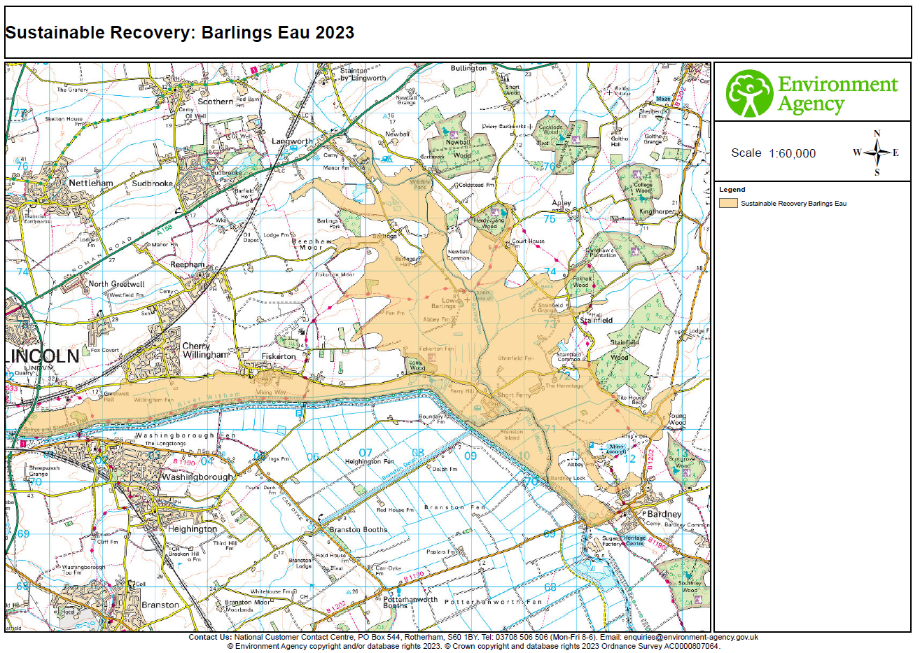 An OS map showing the project boundary in the Fiskerton and Barlings Eau area. 