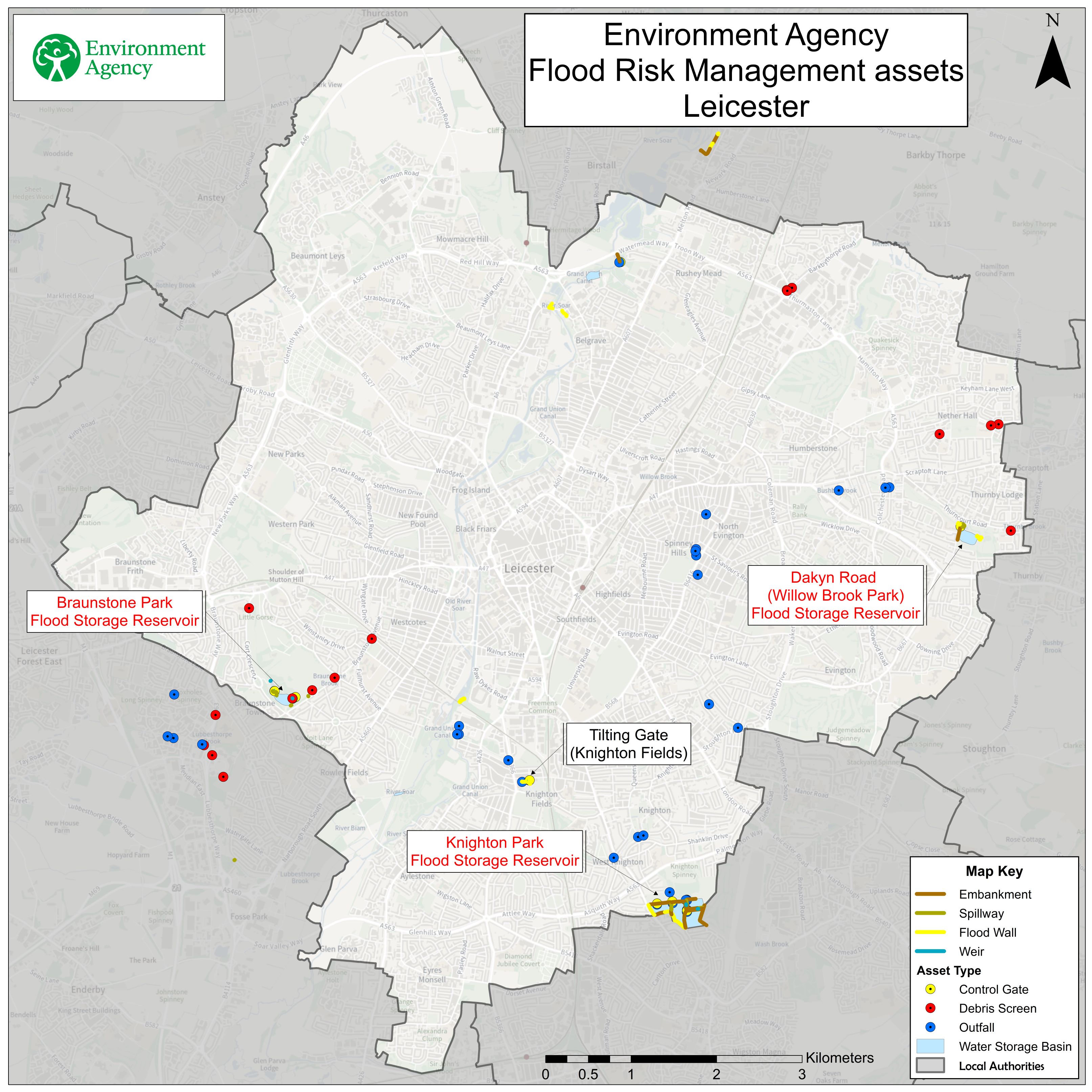 A map of Leicester City and the surrounding areas. Different markers have been placed on the map to highlight the locations of the Environment Agency flood defences. These primarily consist of numerous debris screens and outfalls, on the Brooks within the City. There are several sections of flood wall on the River Soar. The main flood defence complexes however are labelled. These being the Knighton Fields tilting gate, Knighton Park Flood Storage Reservoir, Braunstone Park Flood Storage Reservoir and Willow Brook Park Flood Storage Reservoir (often referred to as Dakyn Road). 