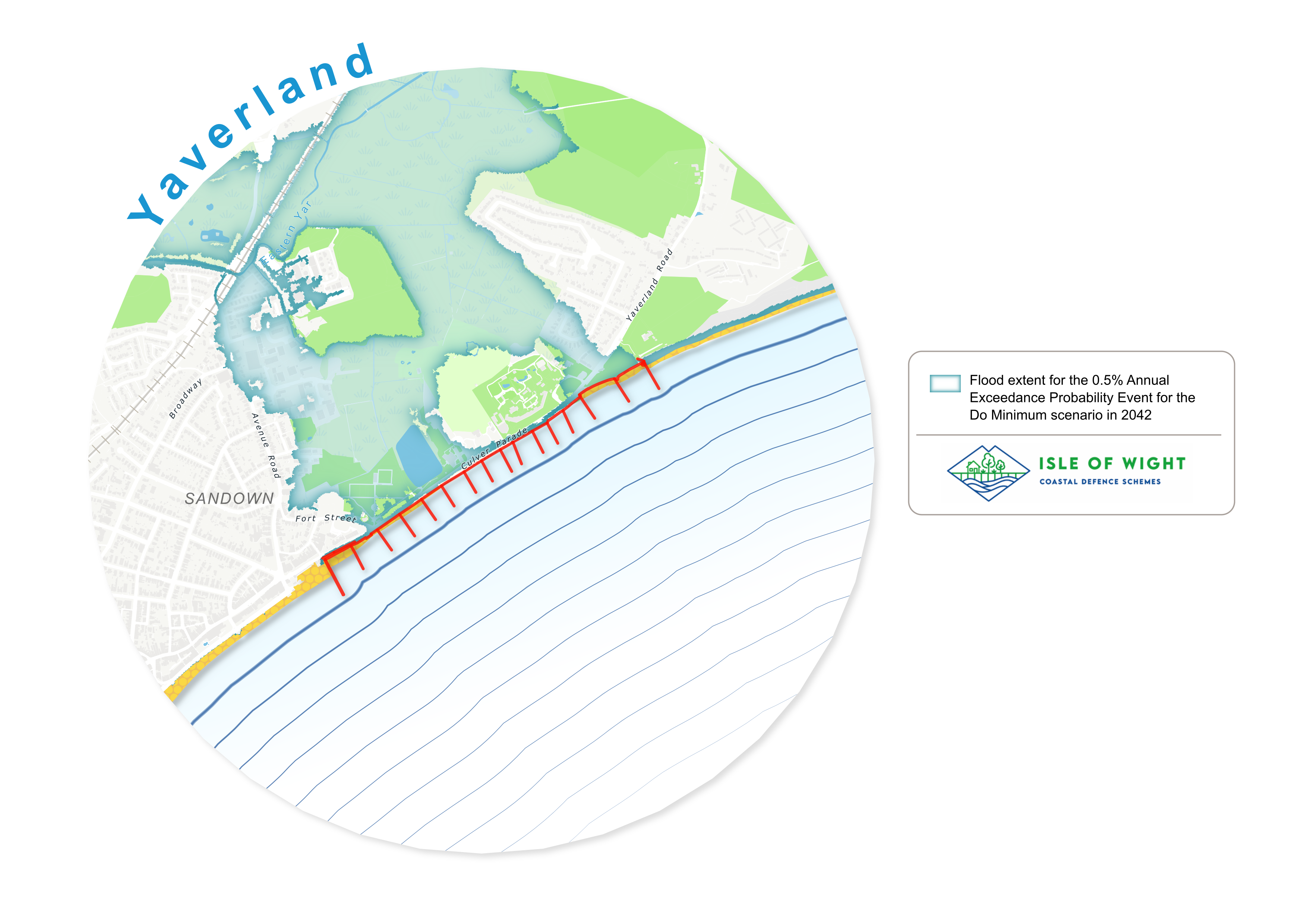 Map to show the flood extent for the 0.5% Annual Exceedance Probability Event for the Do Minimum scenario in 2042.