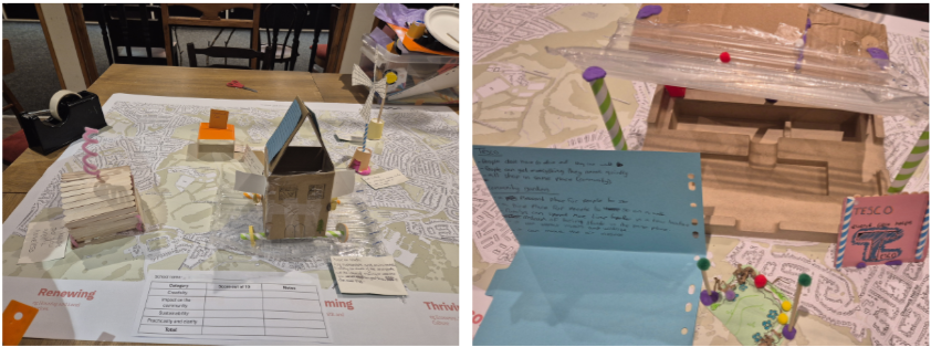 Two examples of what the students created. Map of Gleadless Valley with handmade designs. Model of a house on wheels with solar panels, a model of a big Tesco, a woodland cafe and a wind turbine. 