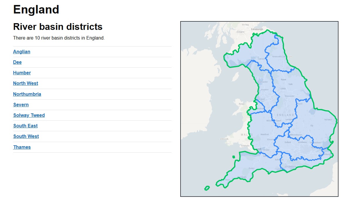 Screenshot of the Environment Agency's Catchment Data Explorer webpage, which features a list of the 10 river basin districts, and a map of their locations