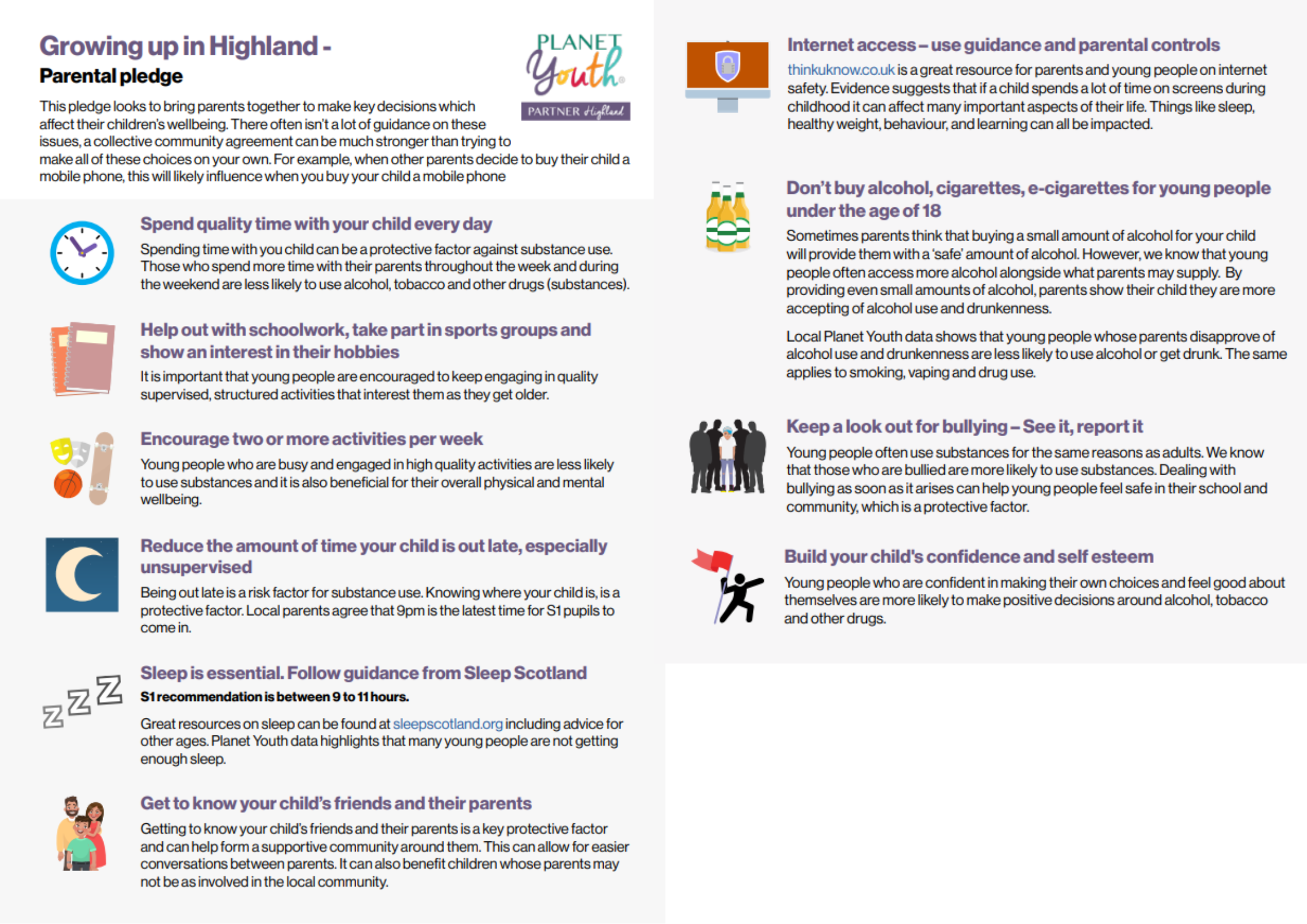 Picture shows the Growing up in Highland Parental Pledge created in 2021. Full text from the poster is included below.