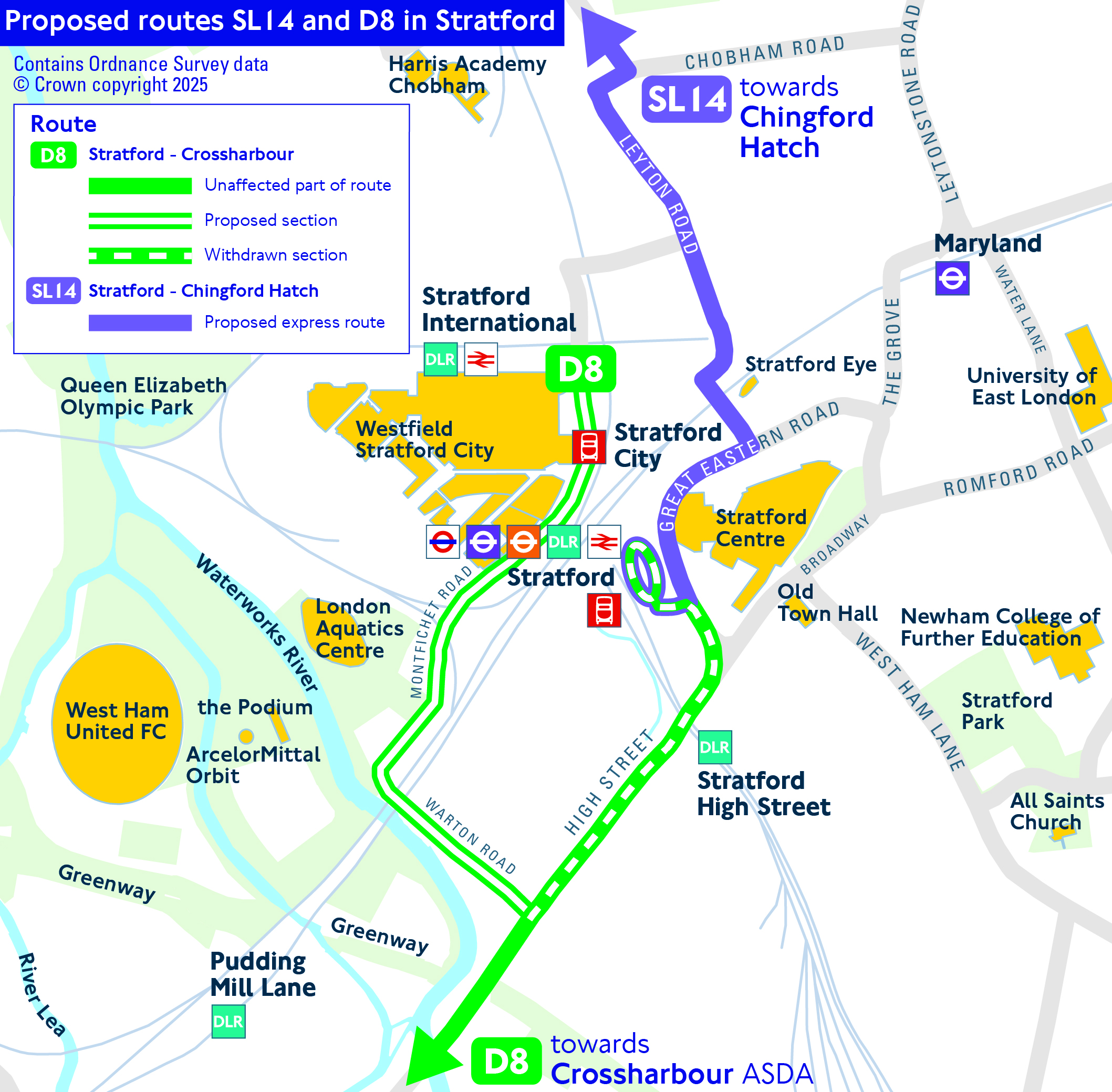 Geographic map of the proposed routes SL14 and D8 in Stratford