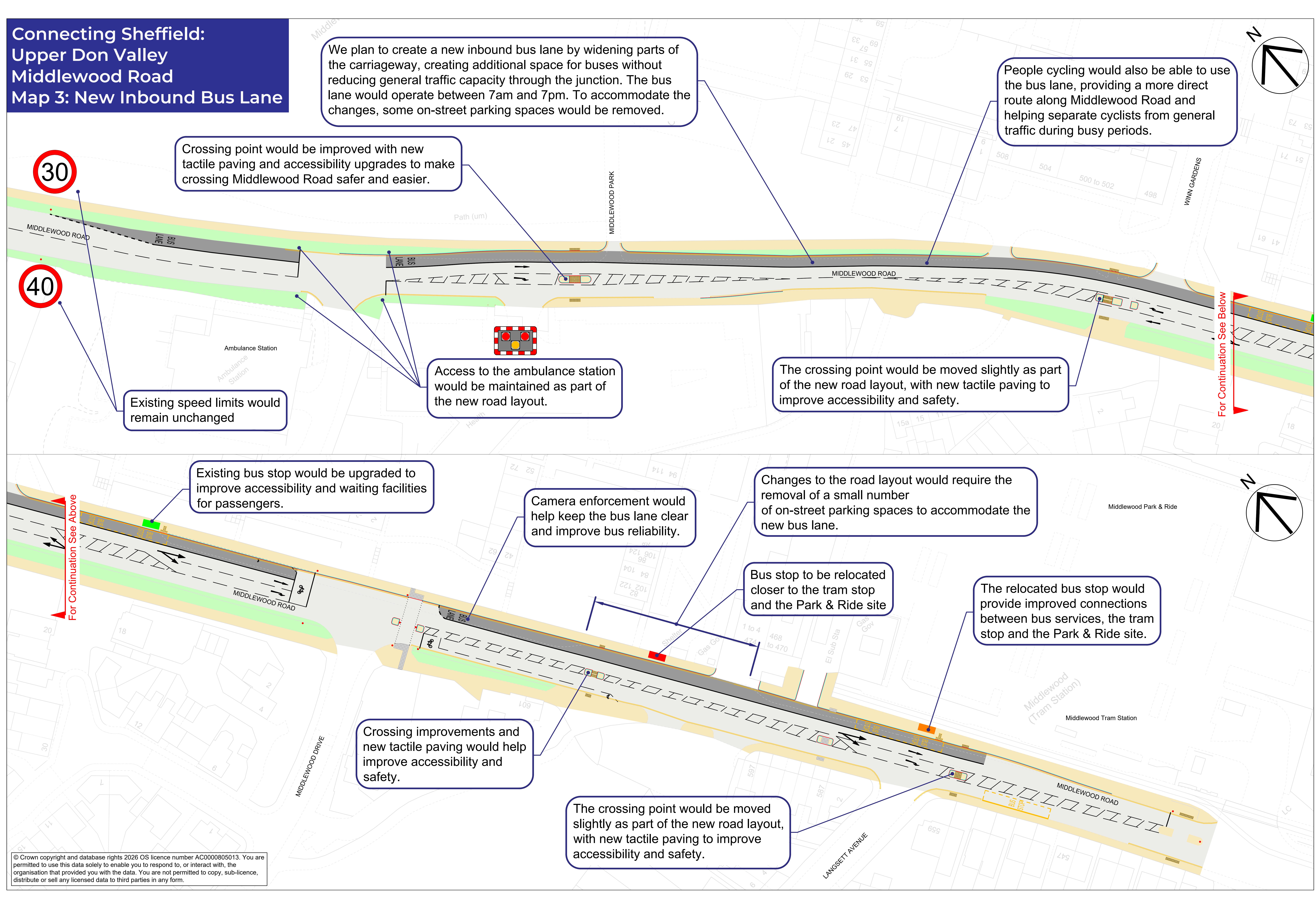Map showing proposals for improvement at Middlewood Road including a new inbound bus lane, better access to bus stops and Park & Ride, better crossings and improvements to footways
