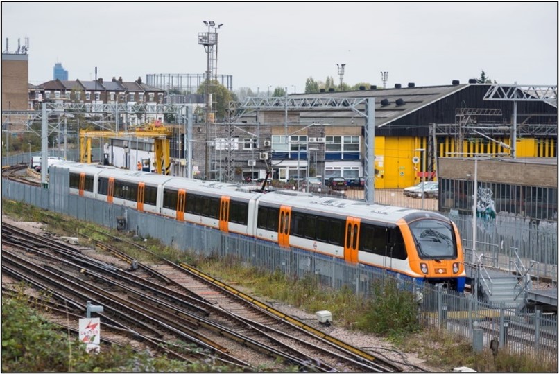 photo of an Overground train in a depot