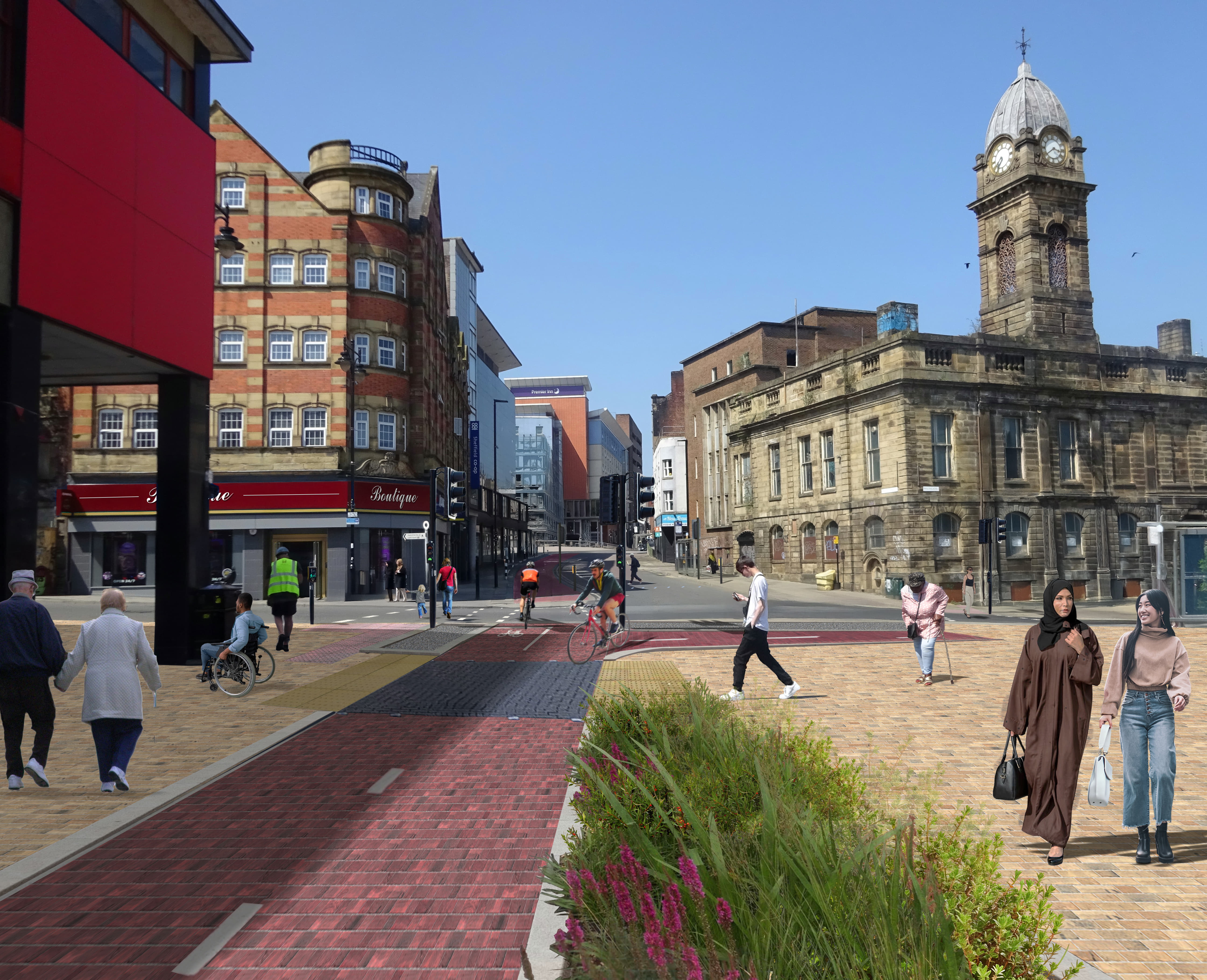 An artist's impression of a city centre street with people walking on the footways and using a red bricked cycle route. A signal controlled crossing can be seen in the background and blue sky is overhead. 