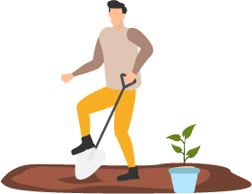 Image shows a man with a shovel digging a hole for a plant to be potted
