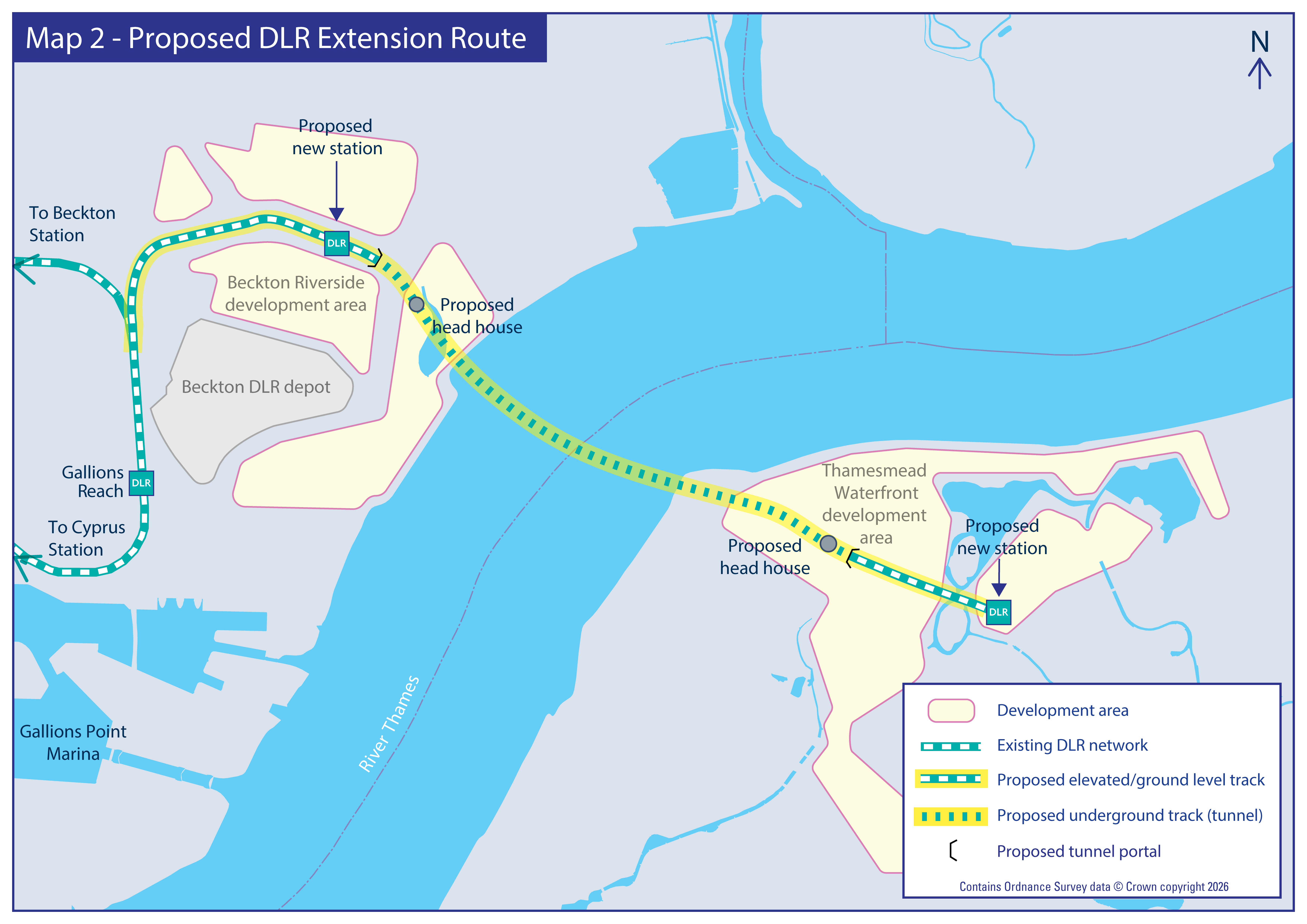 Map showing proposed DLR route with development areas at Beckton Riverside and Thamesmead