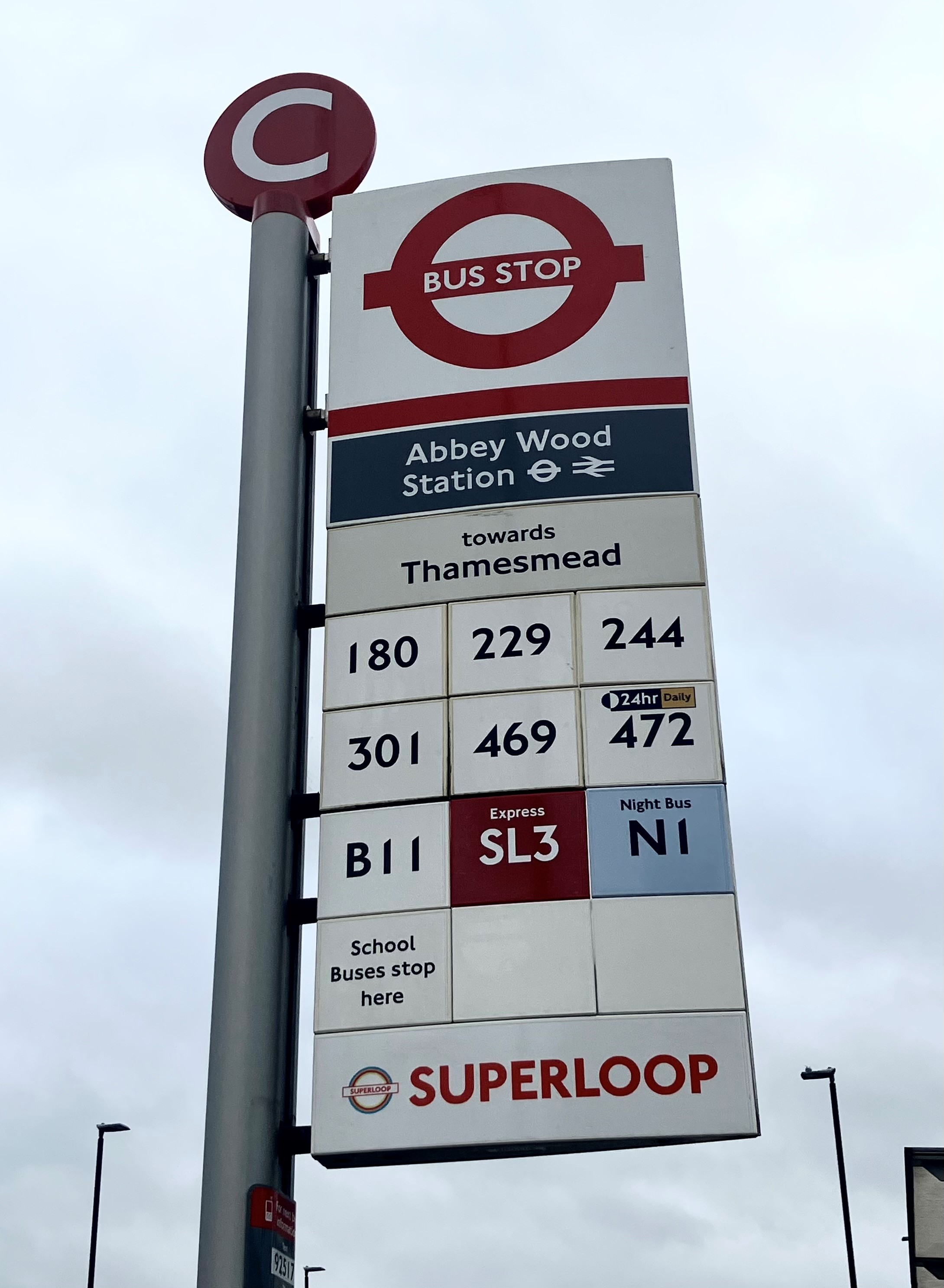 Bus stop flag at Abbey Wood station