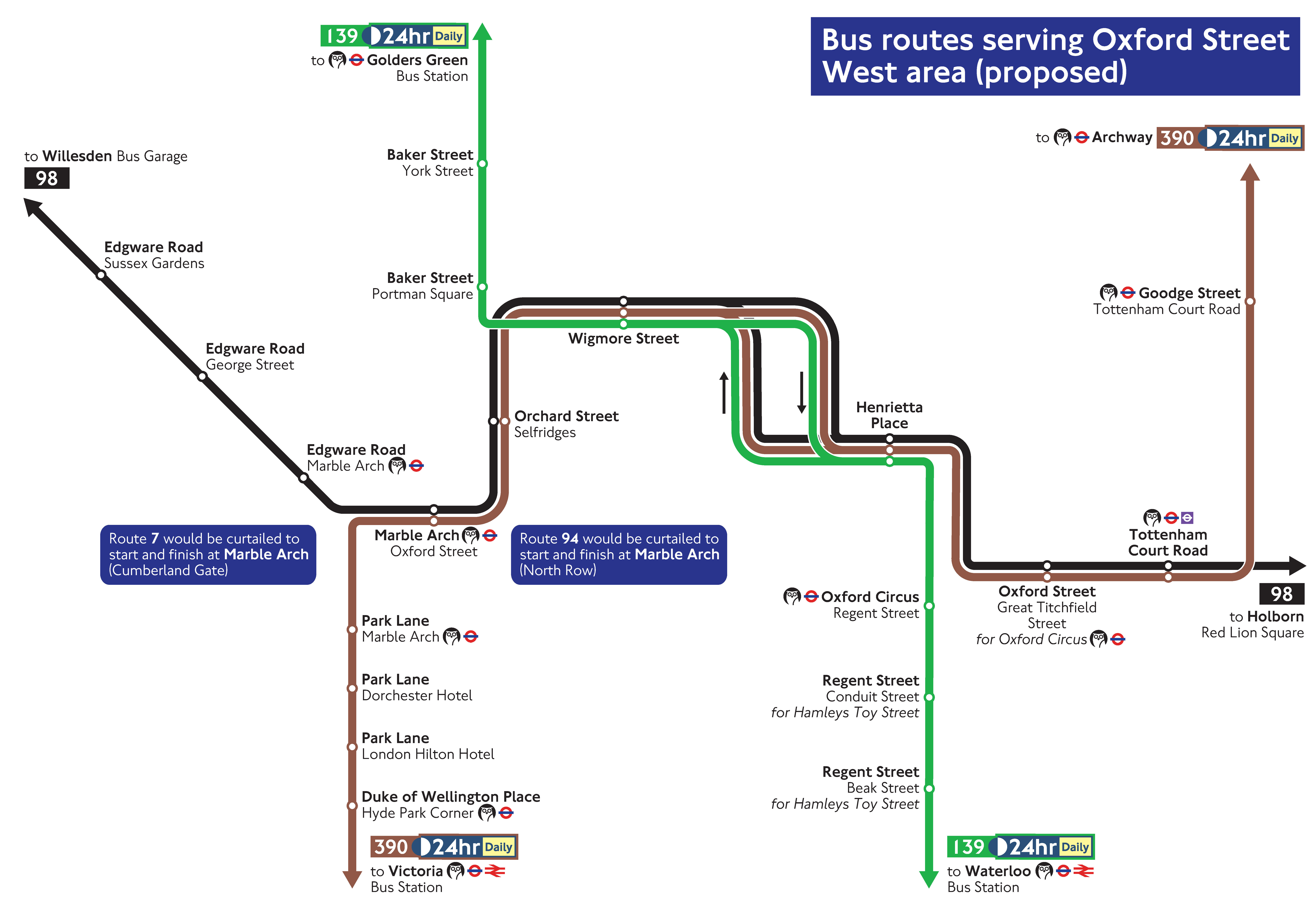 Network map showing proposed day bus routes serving Oxford Street West