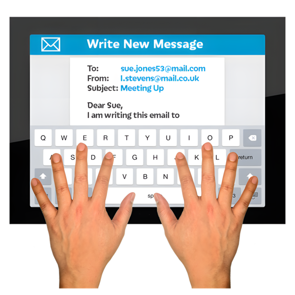A pair of hands typing an email on an iPad