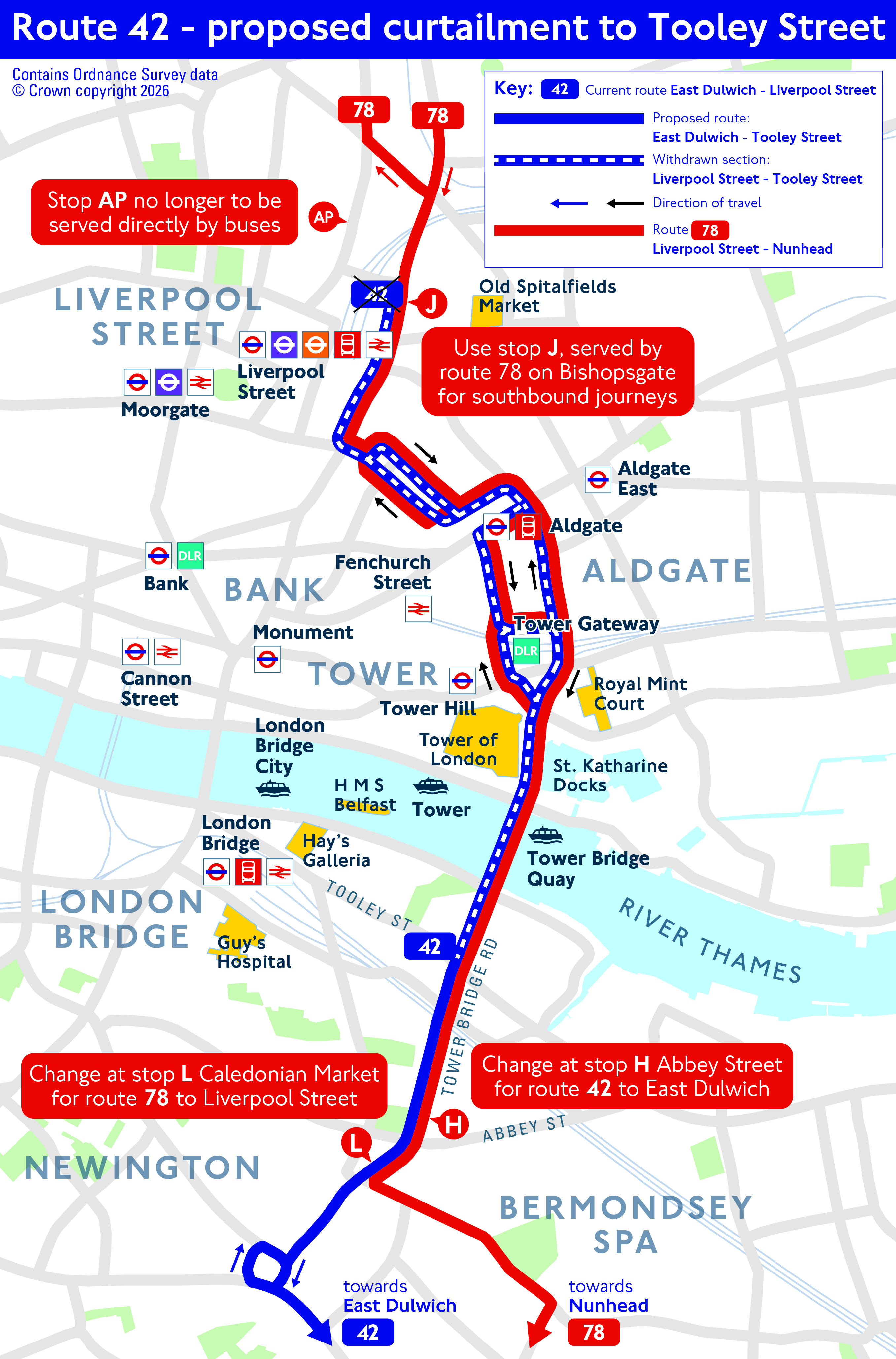 Map showing proposed Route 42 changes, showing Tooley Street terminus and Route 78 replacement section