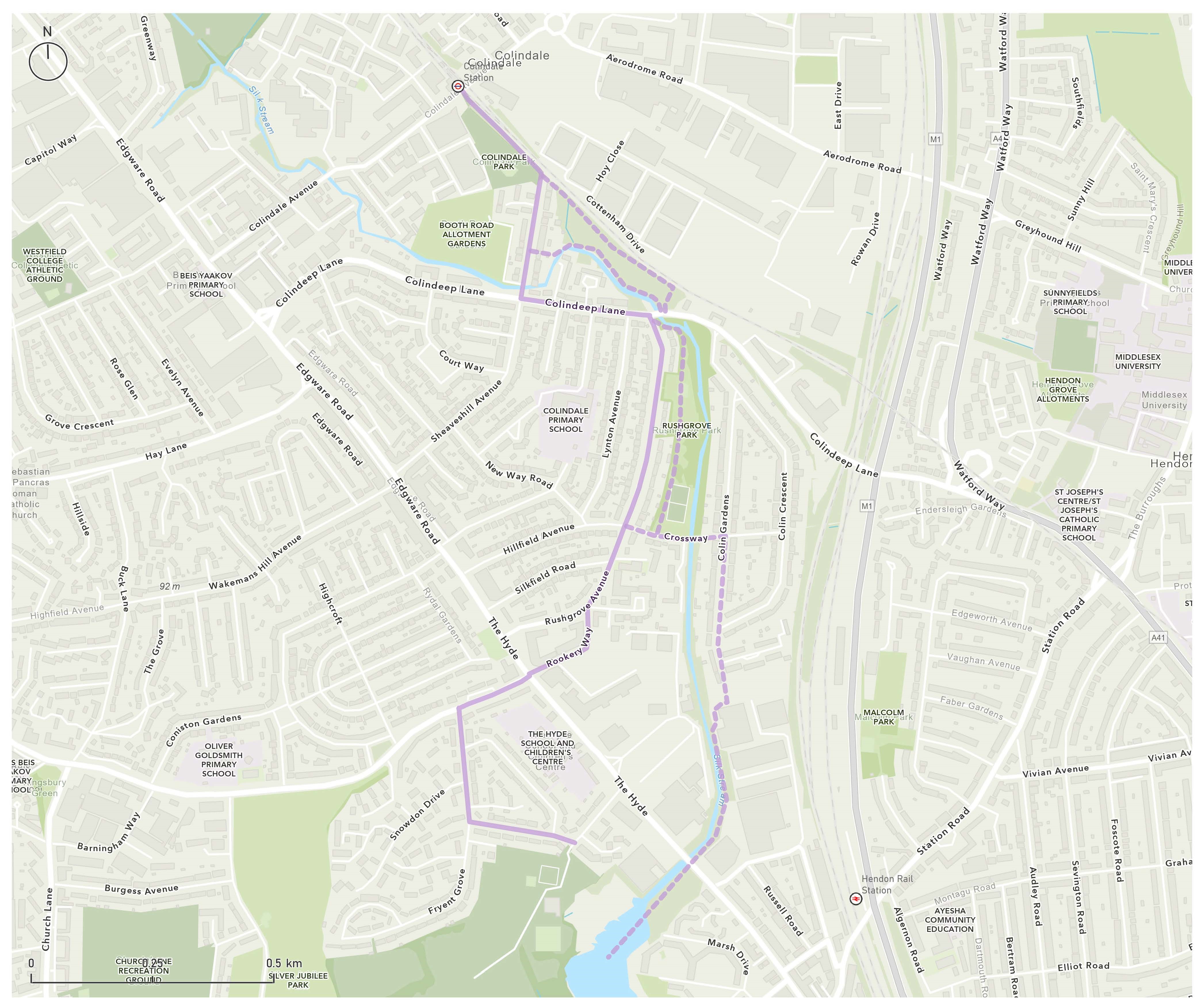 A map showing the Colindale to West Hendon Playing Fields section of the Barnet Loop