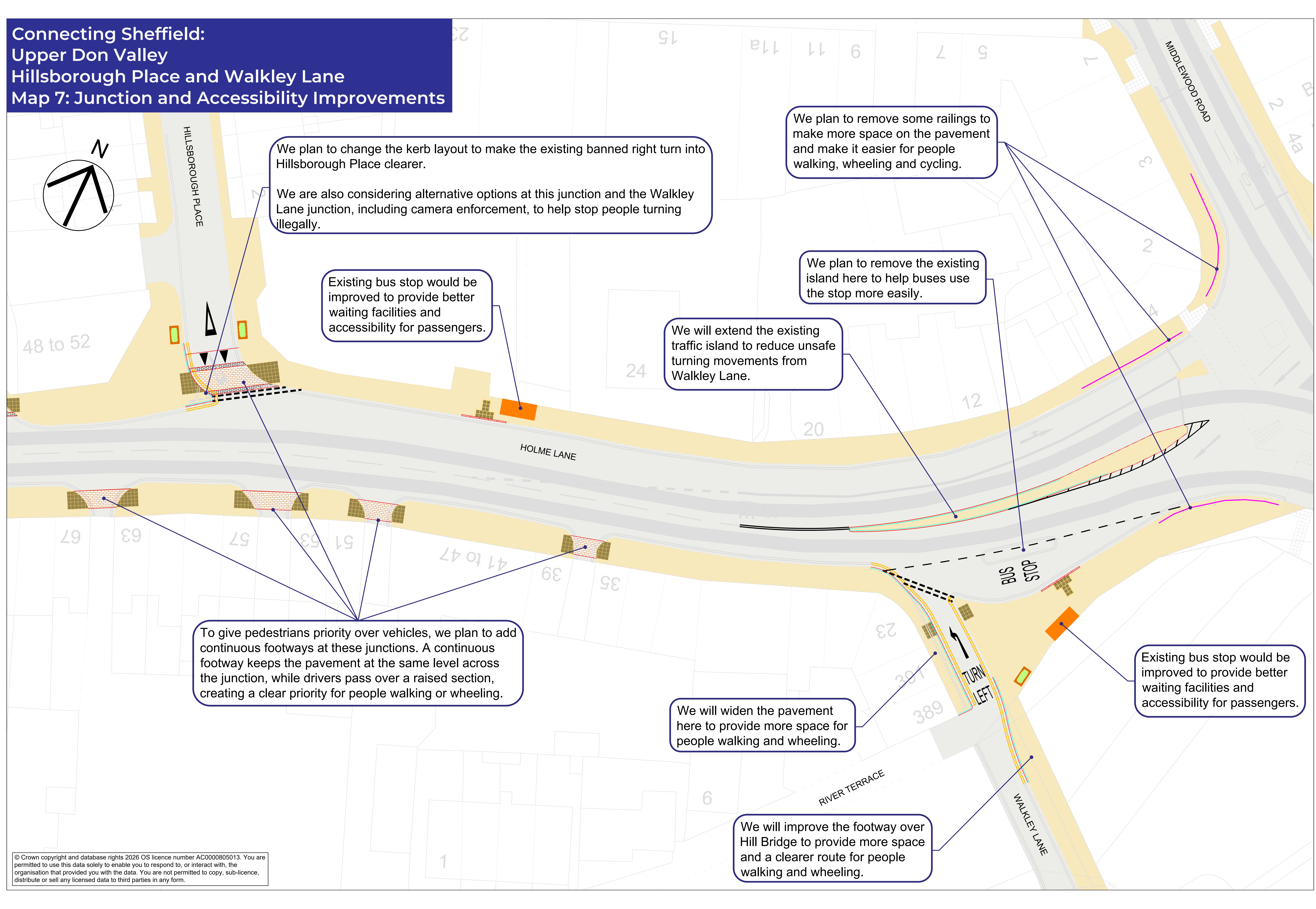 Map showing proposed improvements at Hillsborough Place and Walkley Lane, including junction improvements, wider pavements, changes to vehicle turning movements to improve traffic flow and removing railings to improve visibility