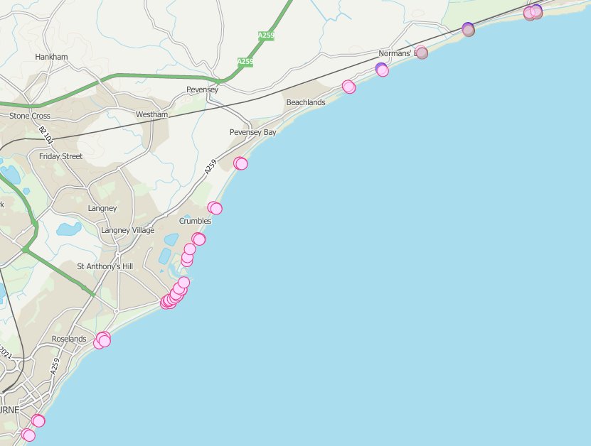 Pink markers show investigation points, mainly located around groynes. Work will move between locations and each site is temporary.