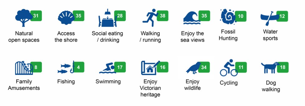 Image shows which activities are most commonly enjoyed along Culver Parade, with walking/running and enjoying the sea views/access the shore being the most popular.