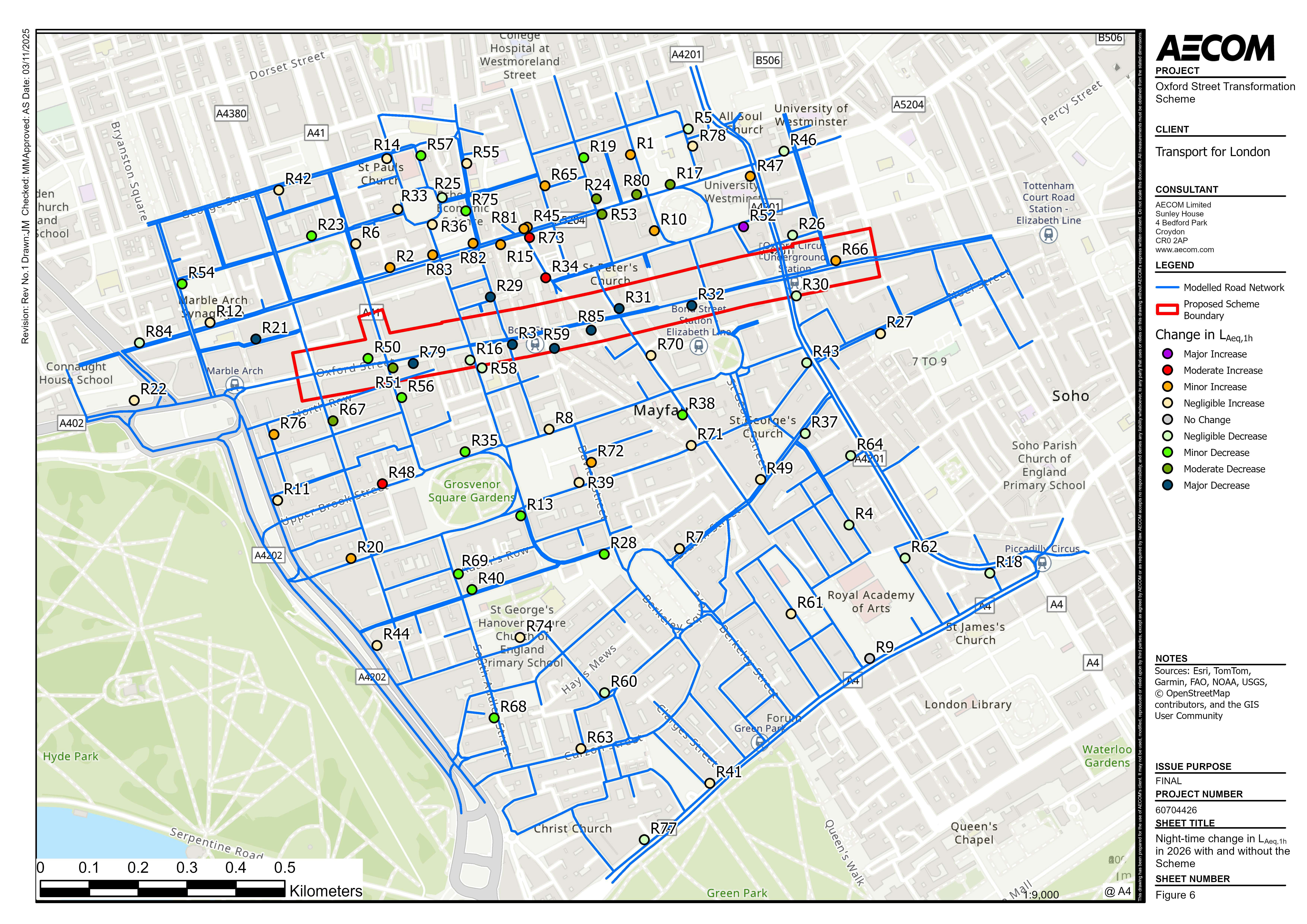Map showing changes in night-time noise between with and without the scheme