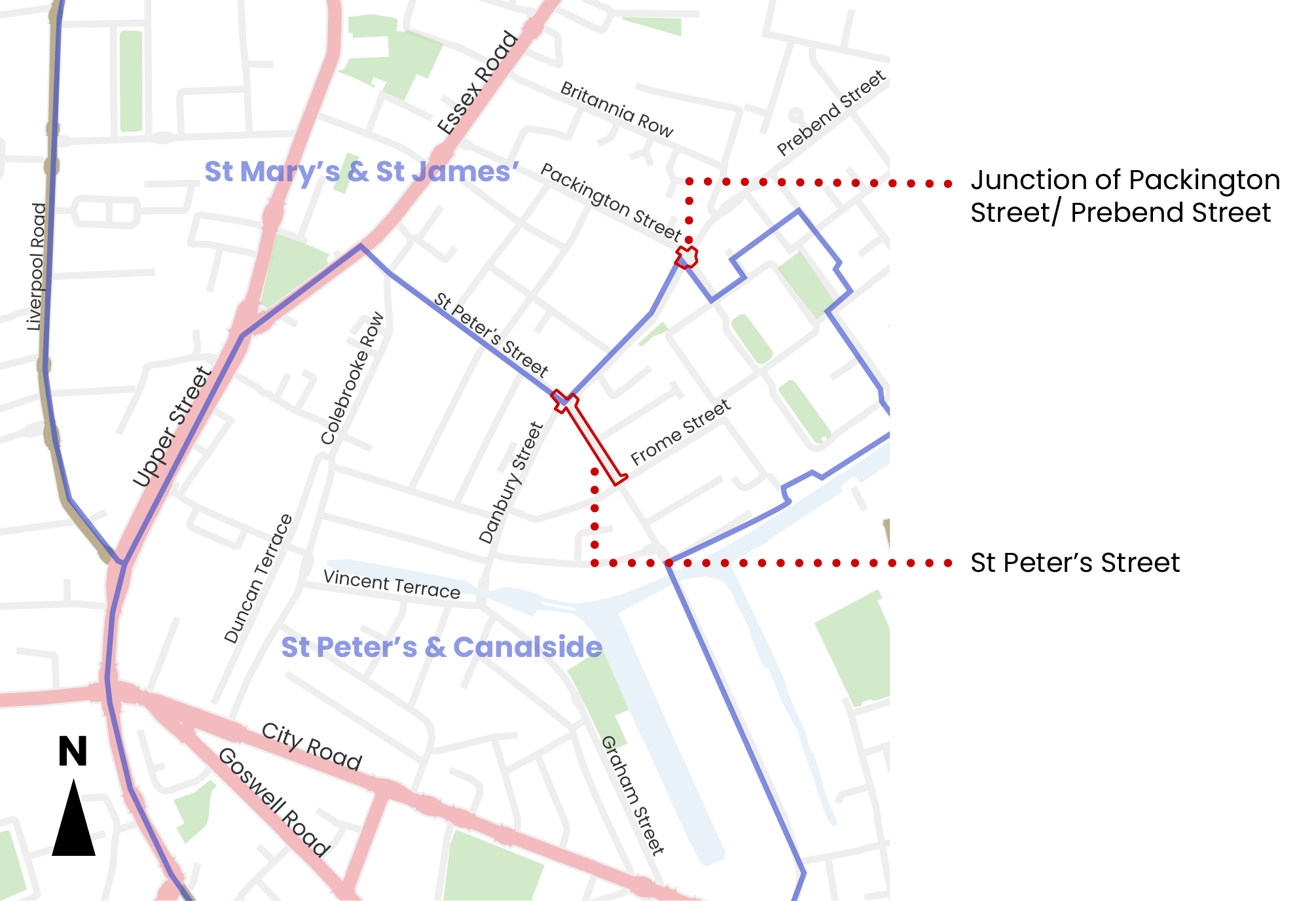 Map showing locations of our proposals to improve St Peter's Street and the junction of Packington Street and Prebend Street.