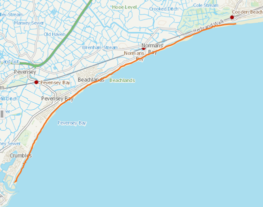 Map showing the 8.5 kilometres of beach that was managed by the FDSA. It stretches from Sovereign Harbour in the west to Bexhill in the east.