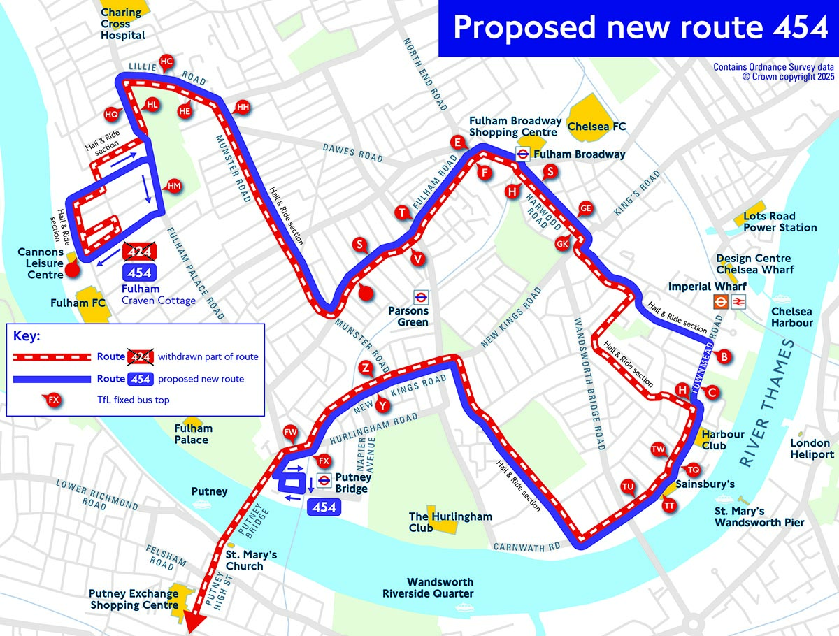 Map showing new route 454 in detail