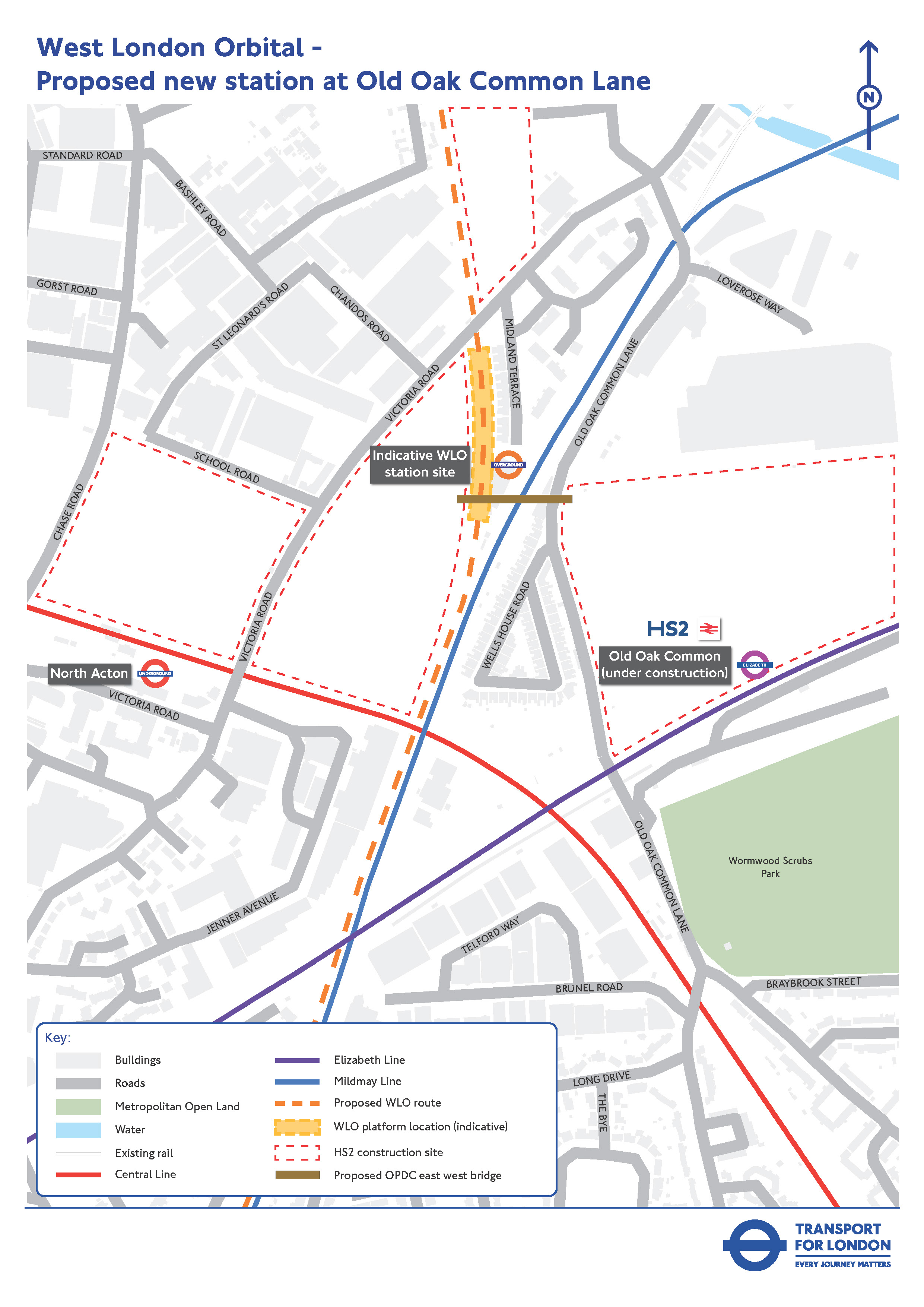 Map showing location of proposed new WLo station on Old Oak Common Lane