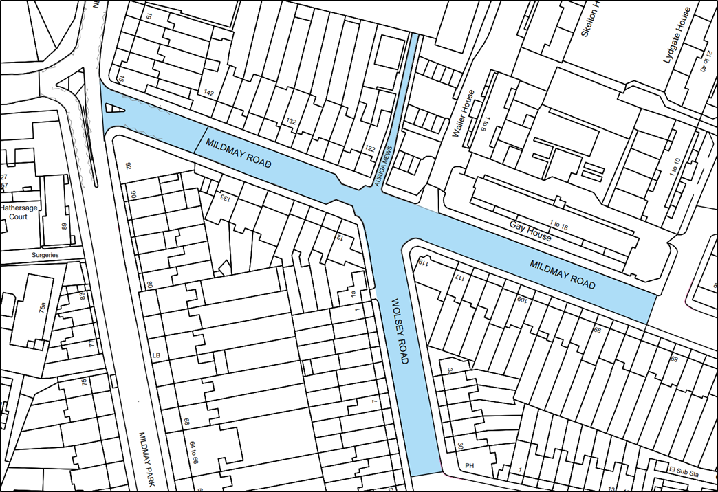 Map showing the school street scheme area on MIldmay Road between Woodville Road and Newington Green, and on Wolsey Road north of Queen Margaret's Grove