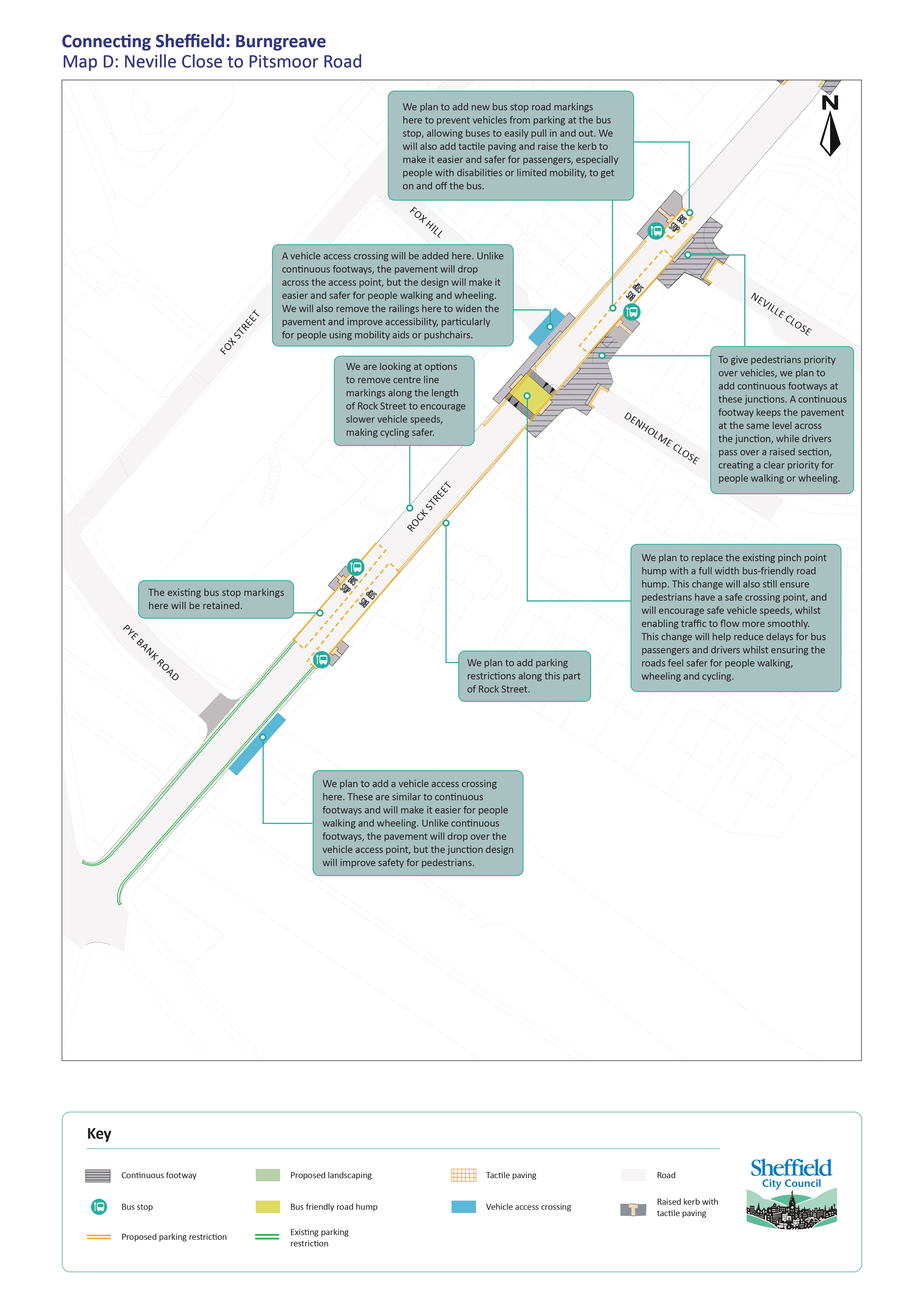 Map of locations for bus stop improvements, bus-friendly road humps, vehicle access crossings and continuous footways proposed from Neville Close to Pitsmoor Road