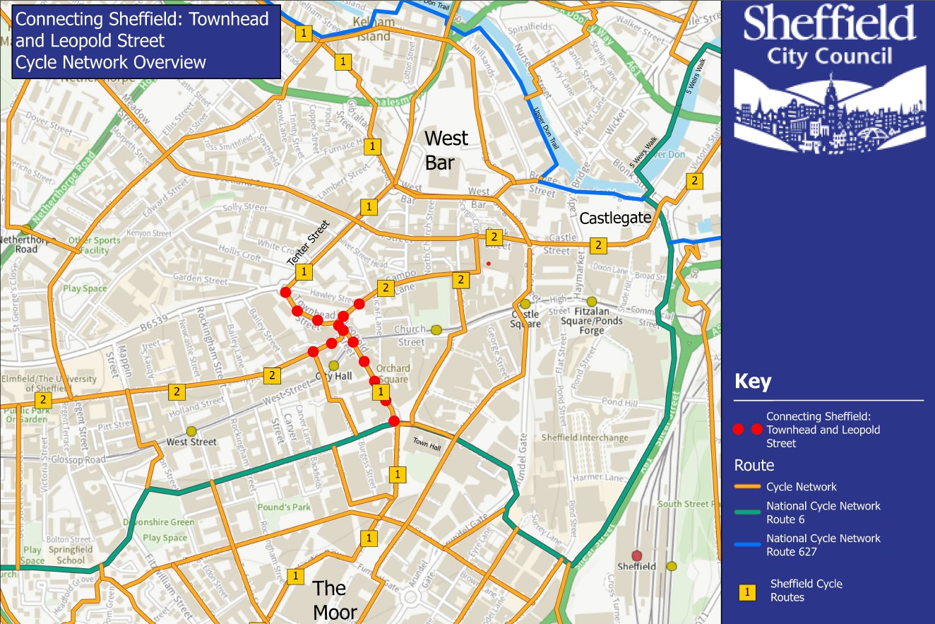 A map of the city centre cycle route and how the Connecting Sheffield: Townhead Street and Leopold Street project will connect gaps in the current network