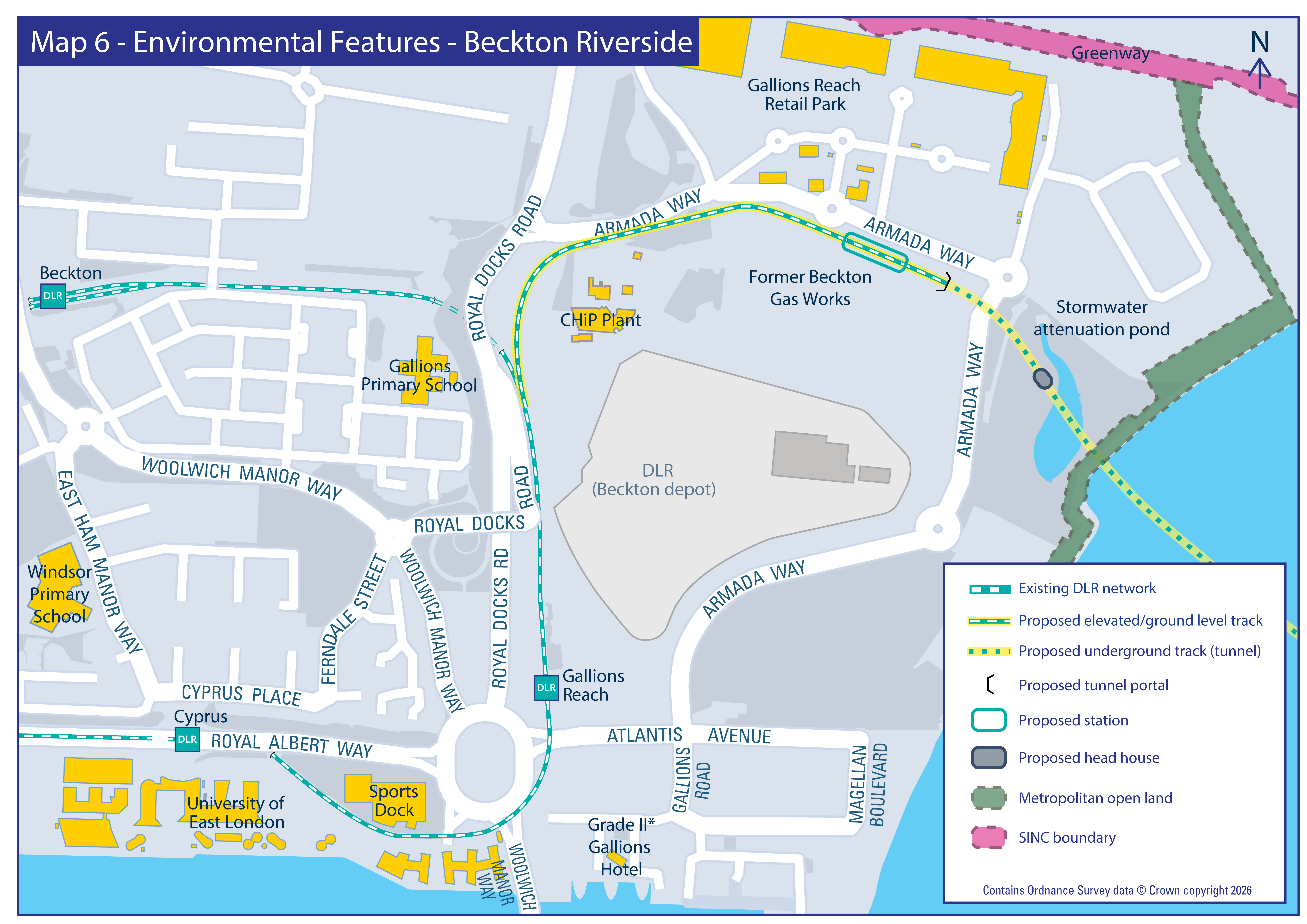 Map showing environmental features and DLR route at Beckton Riverside
