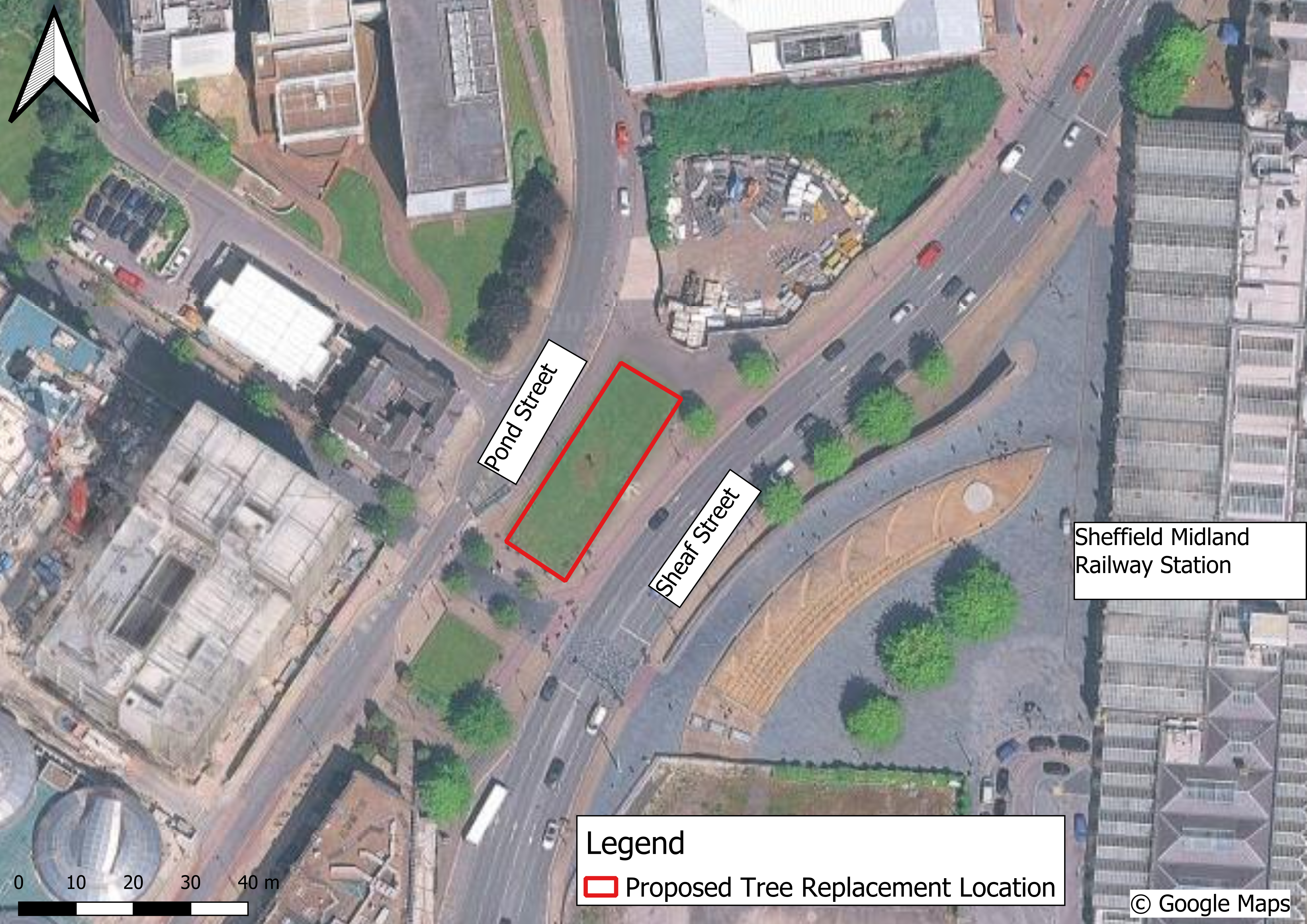 A map showing the proposed location for the new street trees. A red box covers an existing planter, between Pond Street and Sheaf Street. The Howard pub is on the western side of the planter and Sheffield Railway Station is on the Eastern side, over the ring road. 