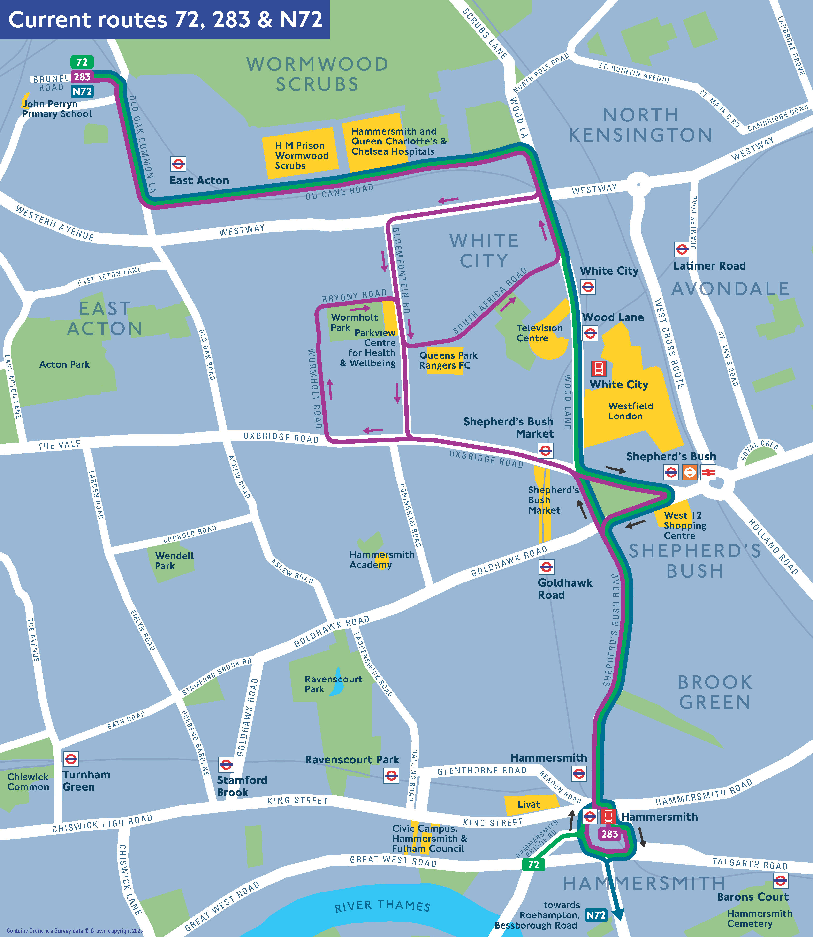 Map showing the current bus routes for 283 and 72/N72