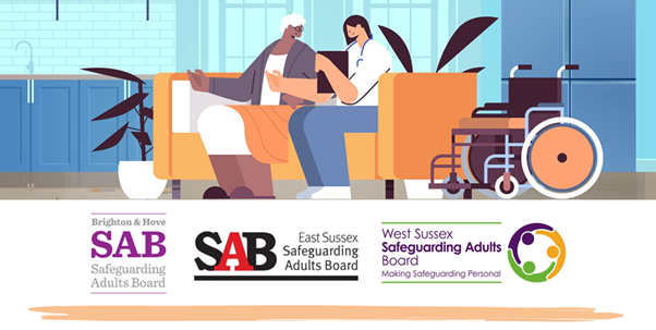 Patient and nurse sat on a sofa chatting with a wheelchair by the side