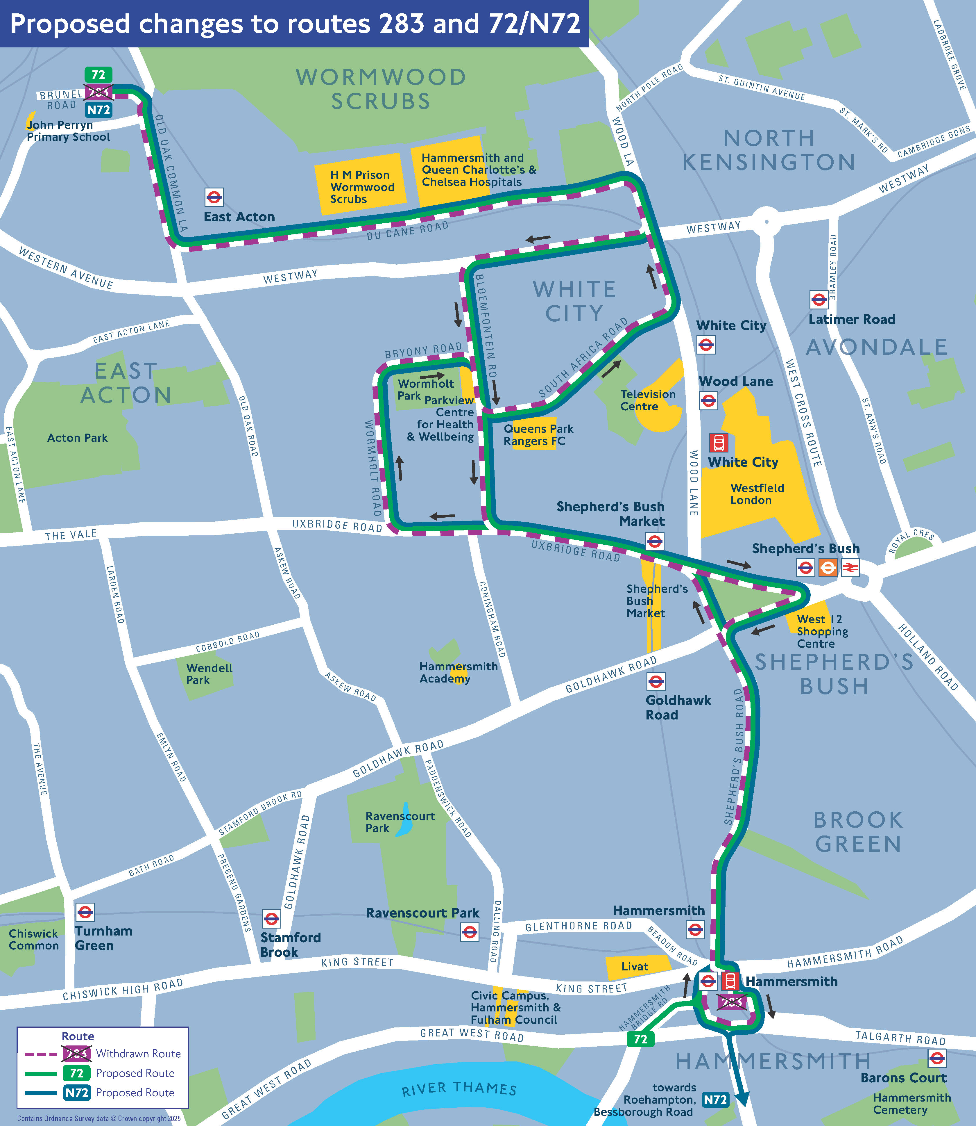 Map showing proposed changes to bus routes 283 and 72/N72